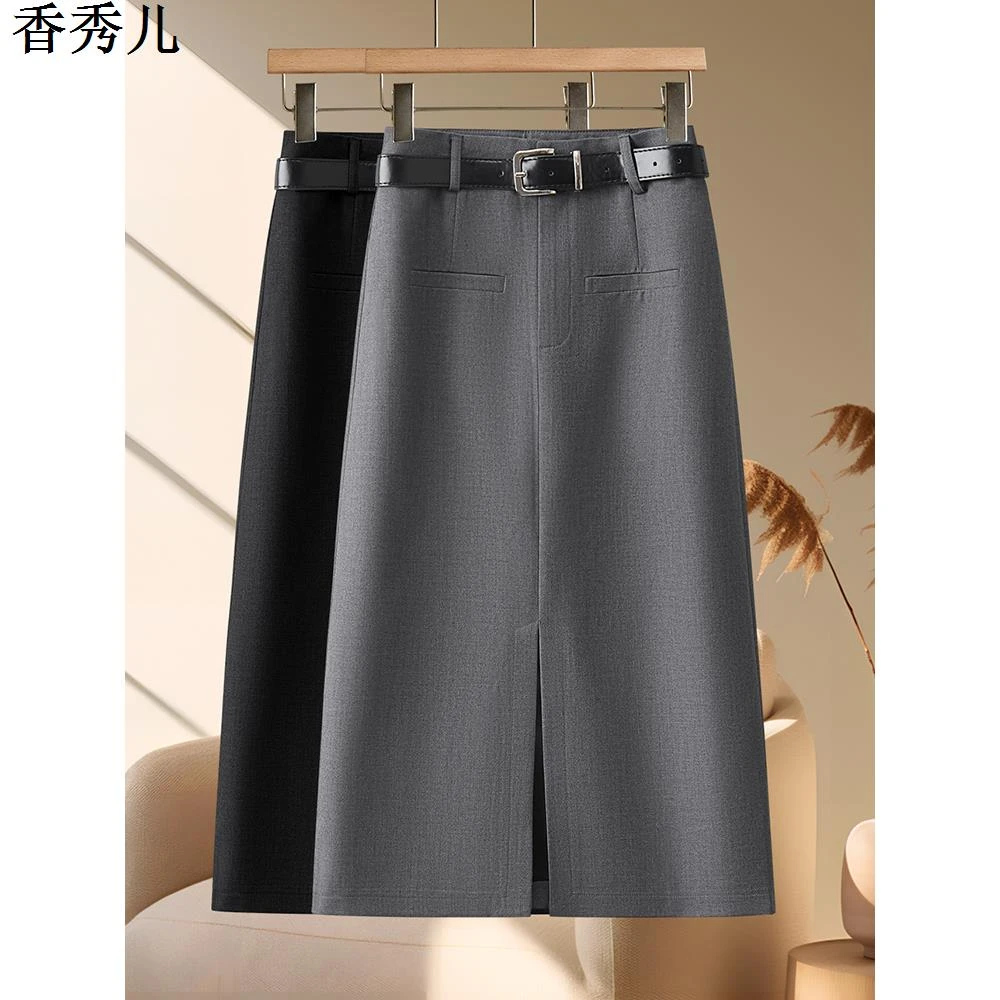 气质灰色半身裙女秋季2024新款高腰显瘦a字中长裙开叉一步包臀裙