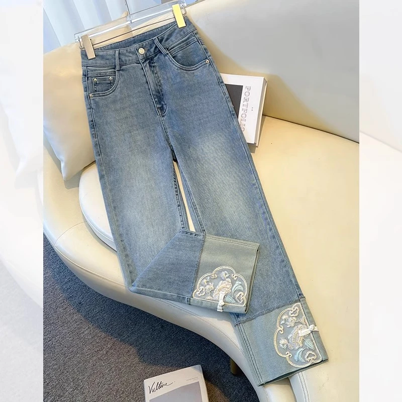 新中式直筒牛仔裤女春夏2025今年流行爆款裤子九分国风刺绣烟管裤