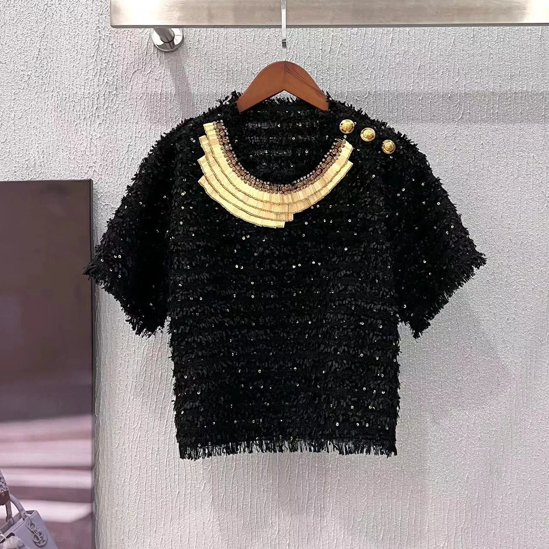 【晨老板】C 【鎏金往事】亮片金扣斜纹时尚针织上衣 69237165