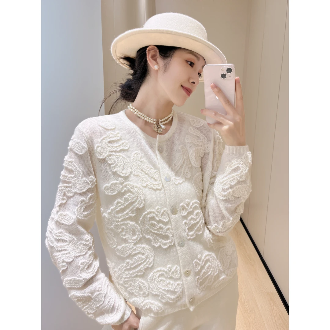 嫚渡手工针织勾花设计感气质长袖网红白色宽松百搭秋冬羊绒衫毛衣