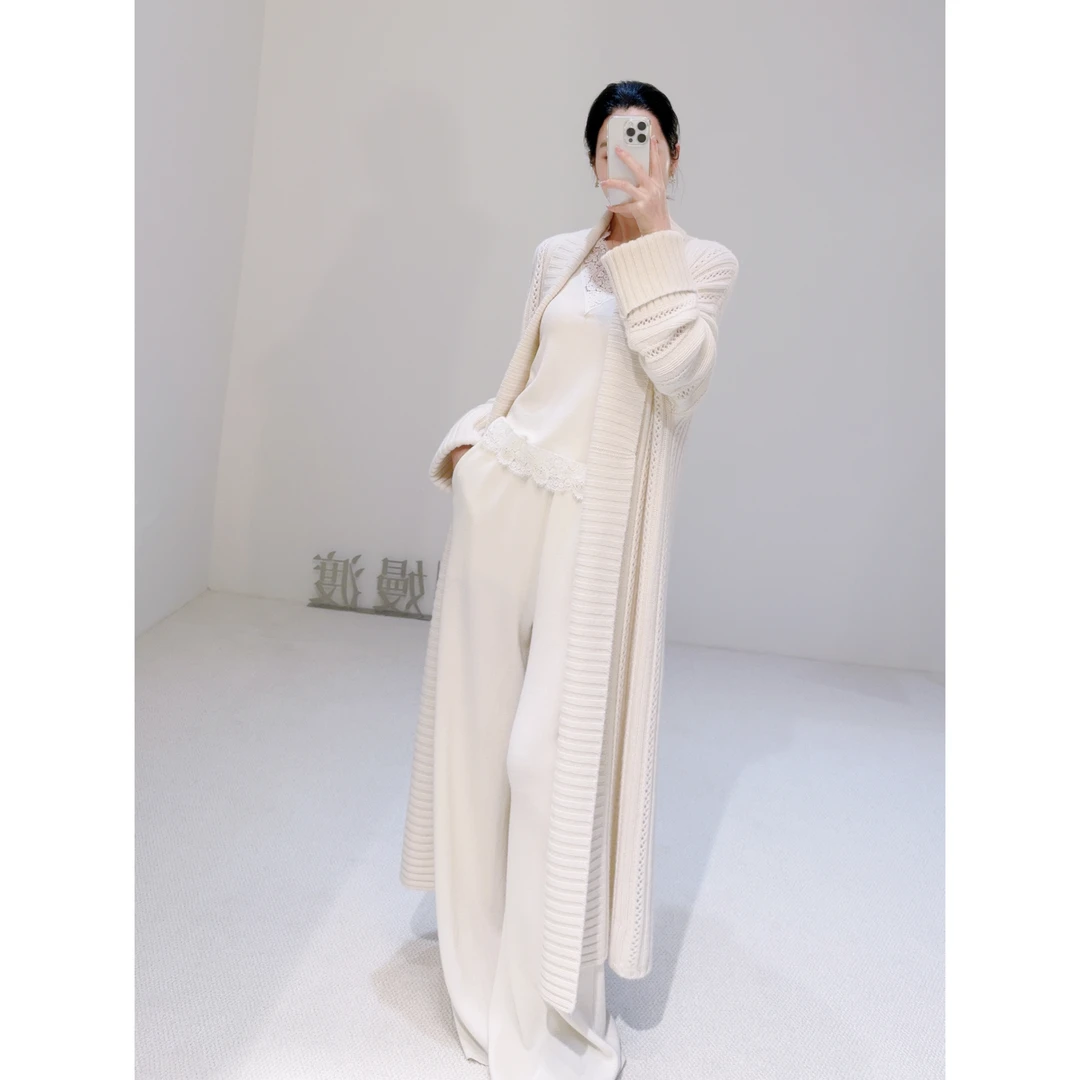 2024秋冬新款女装长款山羊绒针织开衫优雅气质镂空羊绒外套女