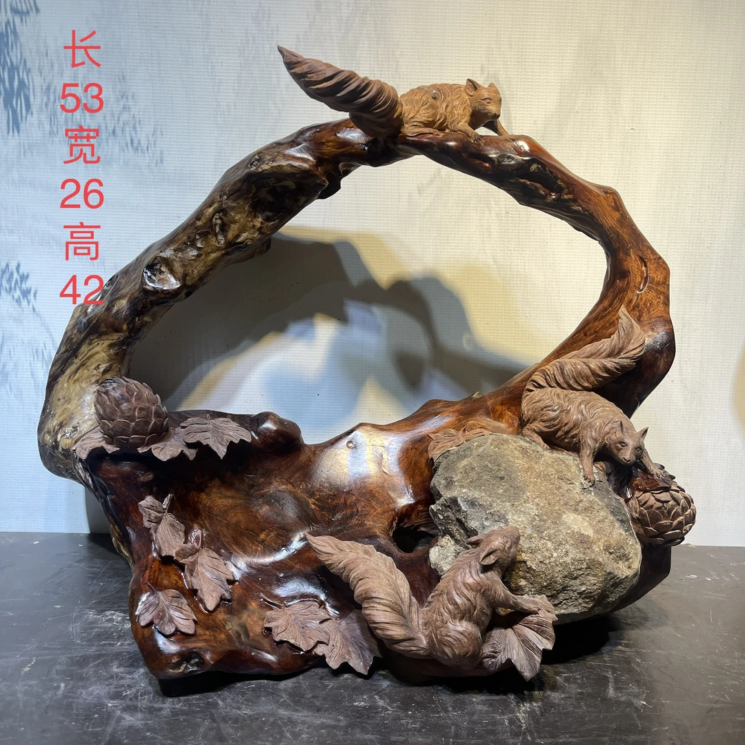 新款 动物  玄关 办公室花梨手工艺品《硕果累累》规格长53宽26高42