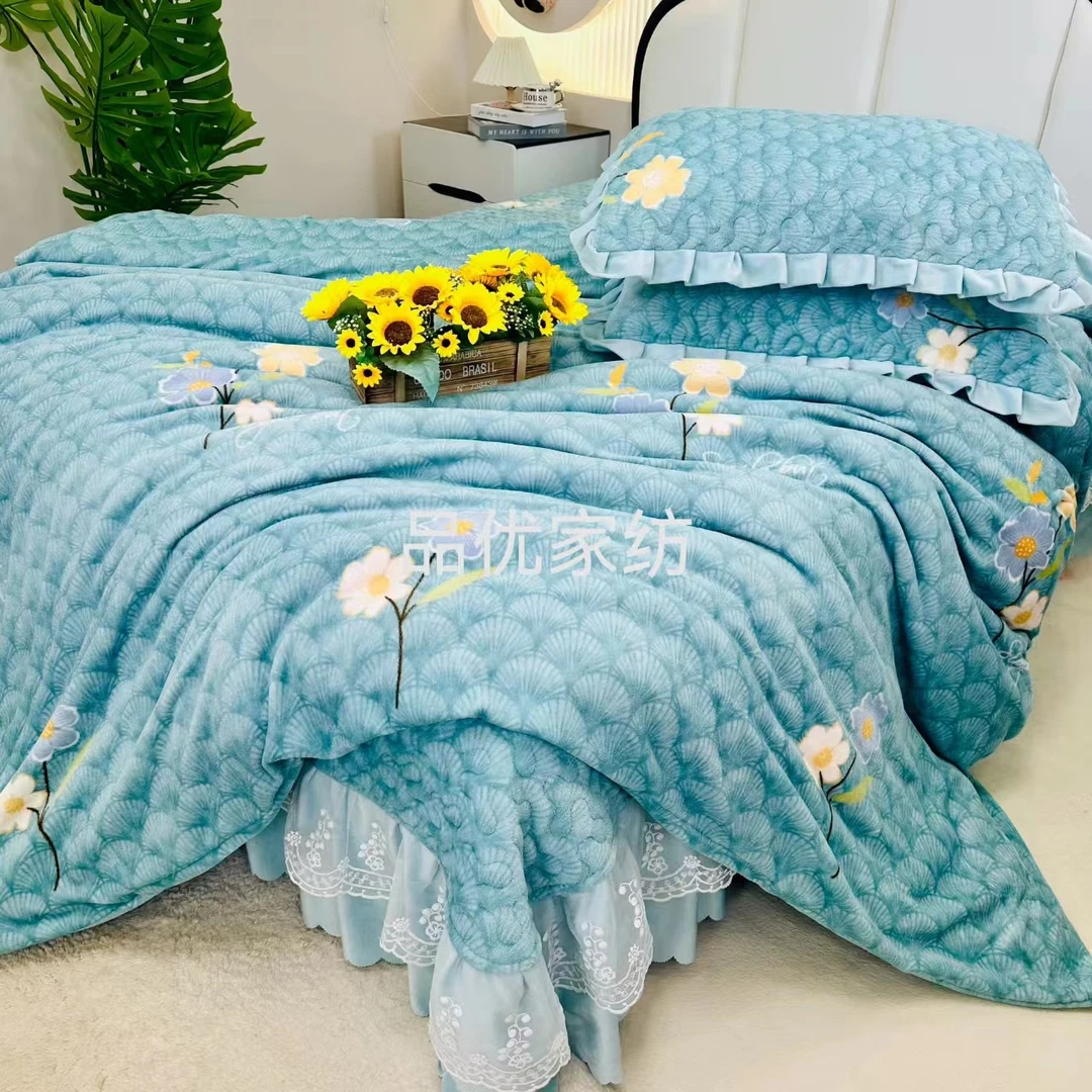【牛奶绒四件套】秋冬新款加厚防静电蕾丝边床盖版四件套（十斤）p