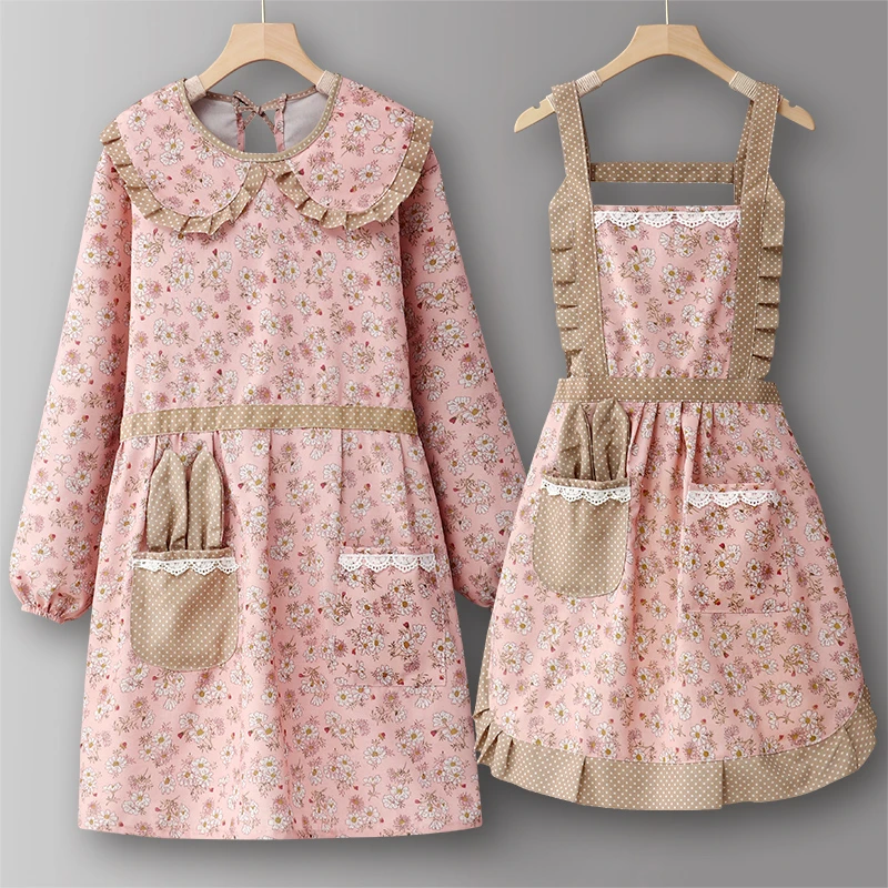 罩衣厨房家用做饭美甲长袖围裙纯棉可爱2025新款厨房专用纯棉围裙