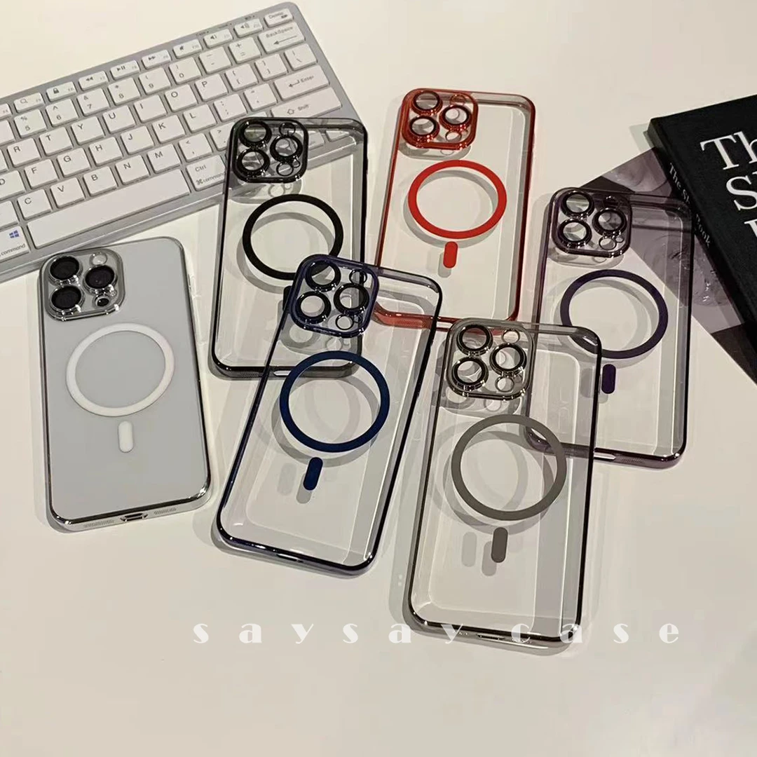 简约电镀磁吸苹果13手机壳iphone15promax全包PC硬壳14透明保护壳