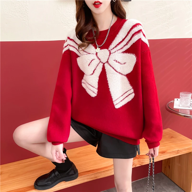 红色毛衣女本命年秋冬宽松2023新款爆款洋气宽松针织打底衫S7409