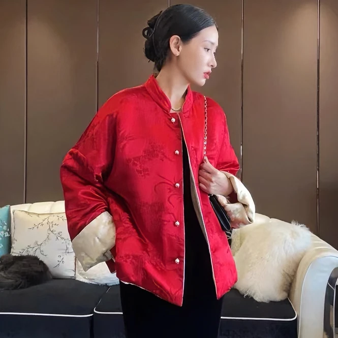 新中式双面双穿立体提花棉服复古洋气新年红唐装改良加棉外套