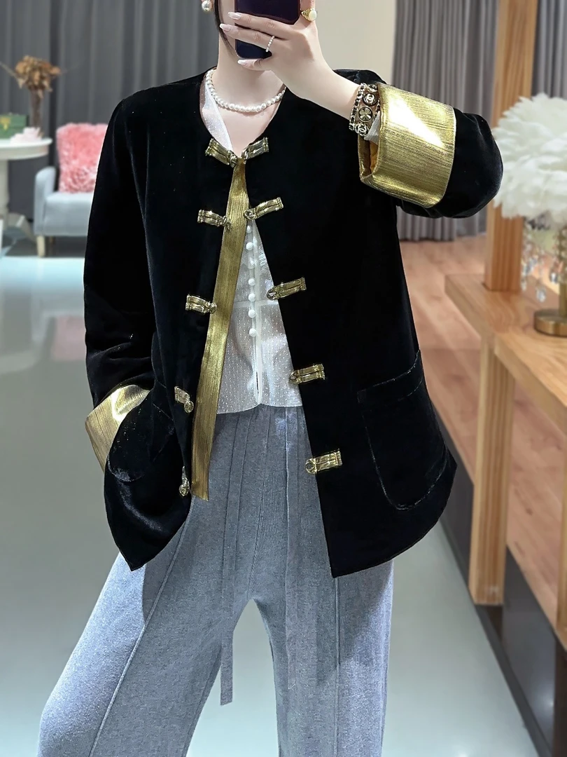 流金国风休闲潮流真丝丝绒棉服女新中式复古时尚桑蚕丝棉衣女