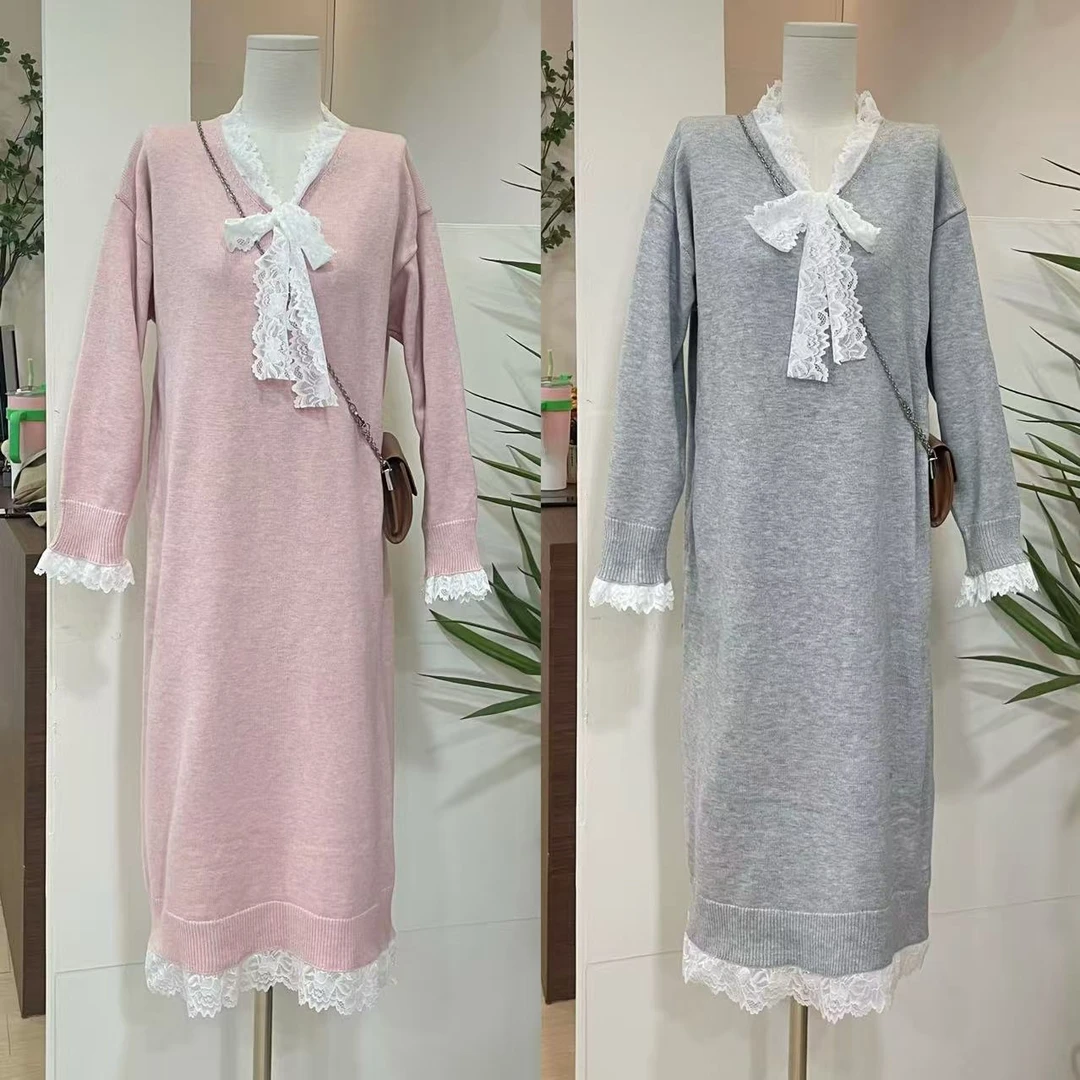 【婷婷家】V领蕾丝蝴蝶结拼接针织毛衣裙