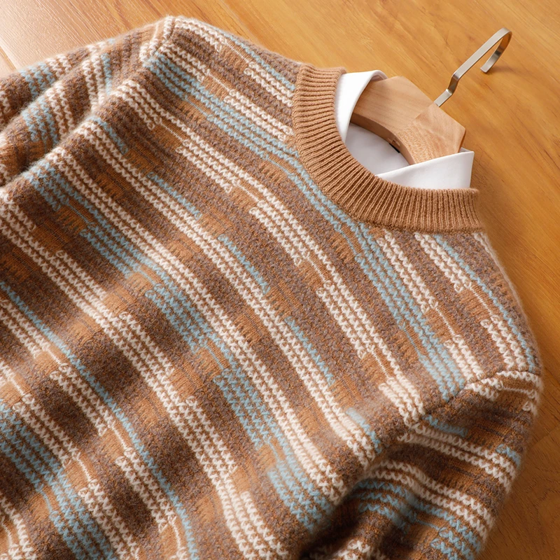 100%纯羊毛衫男士圆领加厚条纹套头毛衣新款拼色针织打底宽松上衣