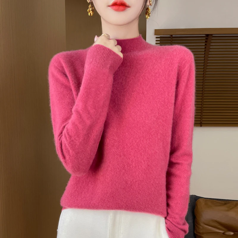 【一线成衣】100%纯羊毛衫半高领套头宽松打底衫秋季新款纯色毛衣