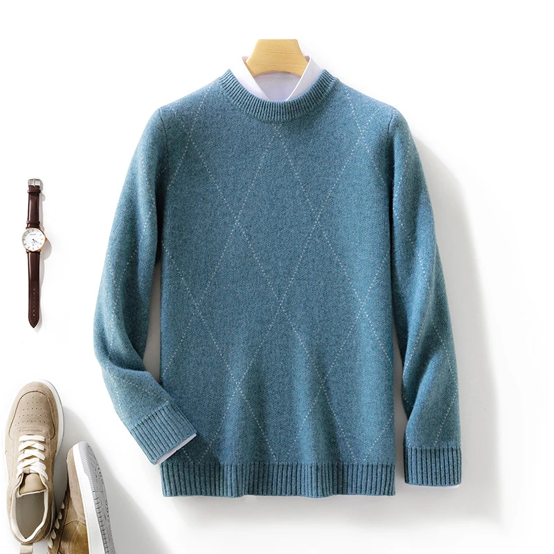 秋冬新款100%纯羊毛男士圆领加厚菱形毛衣宽松休闲羊毛衫针织衫