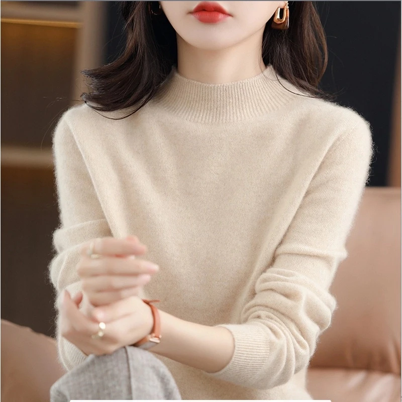 【一线成衣】半高领羊毛衫女100%纯羊毛针织打底衫新款时尚宽松毛衣