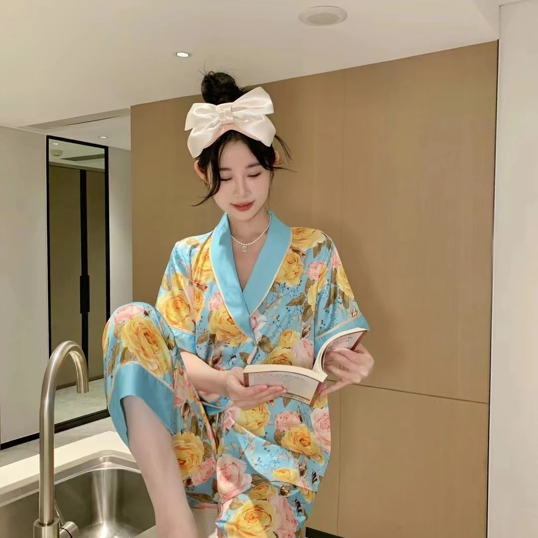 【春暖花开】2023网红新款女士软丝宽松长袖时尚长裤套装高品质睡衣