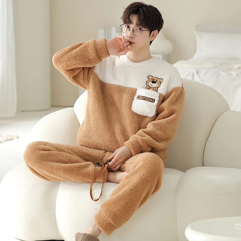 男生睡衣秋冬季珊瑚绒加厚加绒圆领保暖卡通青少年男款家居服套装