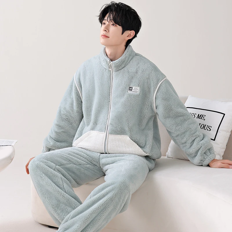 男士睡衣秋冬季珊瑚绒加厚加绒立领青年简约保暖高级感家居服冬款