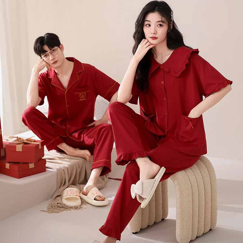 红色睡衣情侣春夏季纯棉短袖开衫本命年男女莱卡棉家居服结婚套装