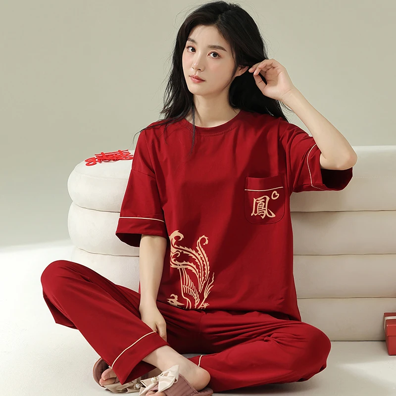 2025蛇年新款红色睡衣女短袖莱卡纯棉夏季新婚套装新娘陪嫁家居服