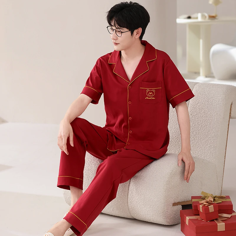 男士睡衣纯棉夏季短袖长裤结婚新婚红色2025蛇年本命年莱卡家居服
