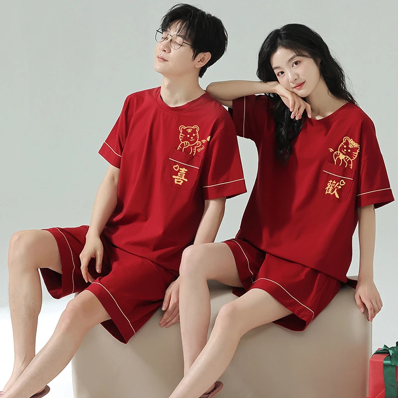 结婚情侣睡衣夏季纯棉短袖短裤红色喜庆本命年莱卡家居服新婚套装