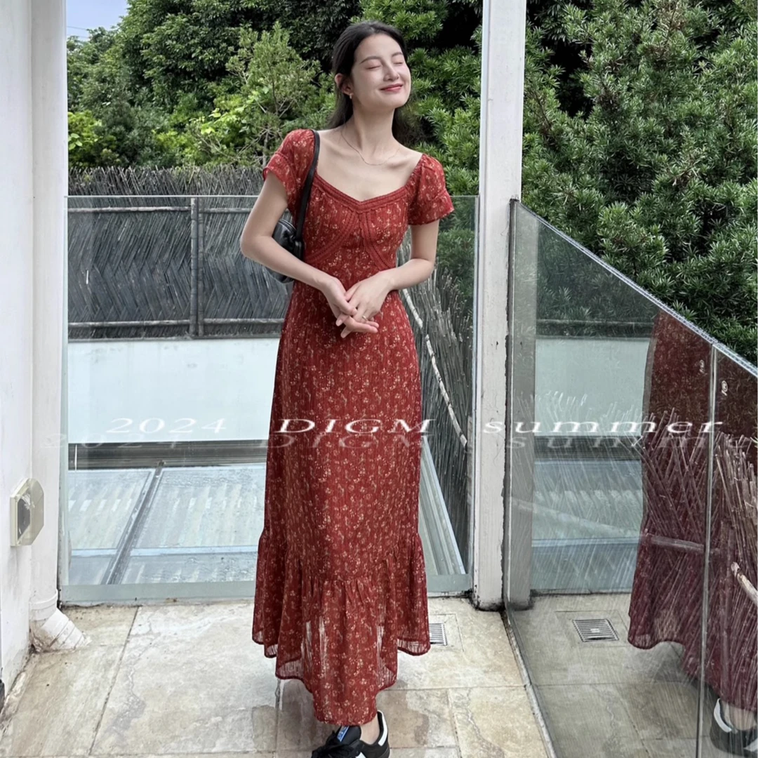 【红裙子3】夏季韩版气质复古法式长款修身方领长款长裙连衣裙