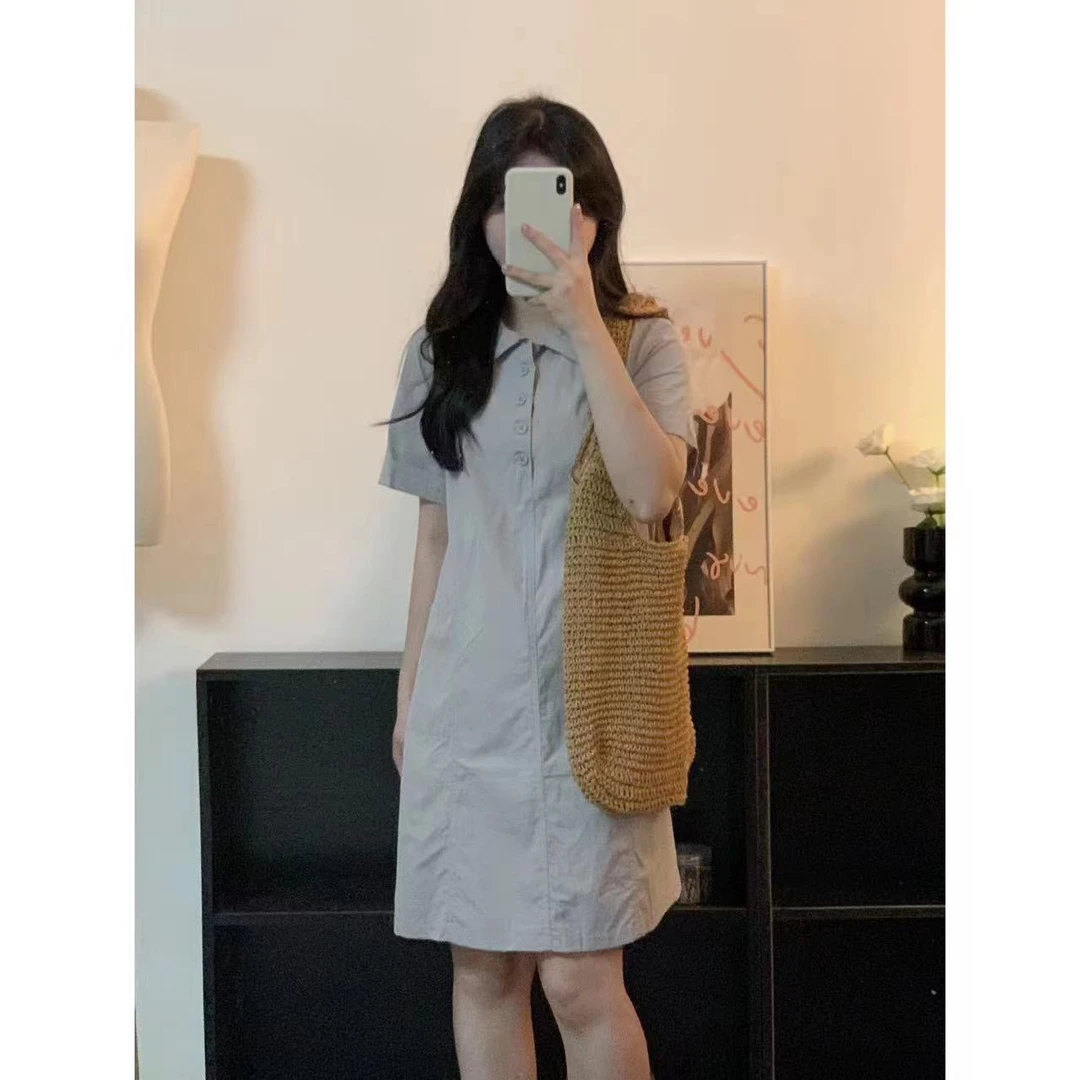 莉莉【花期少女】夏季韩版气质设计款小个子短袖纽扣套头连衣短裙