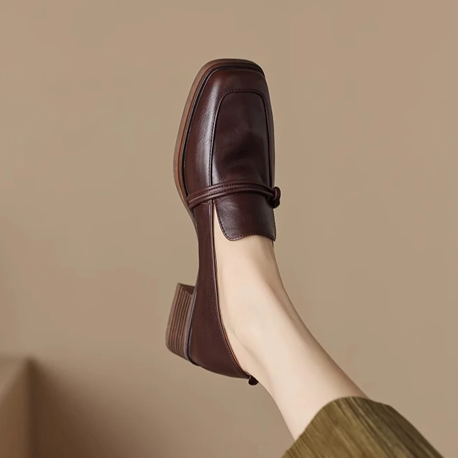 百搭方头圆头单鞋职业小皮鞋法式通勤一脚蹬春秋英伦风乐福鞋真皮