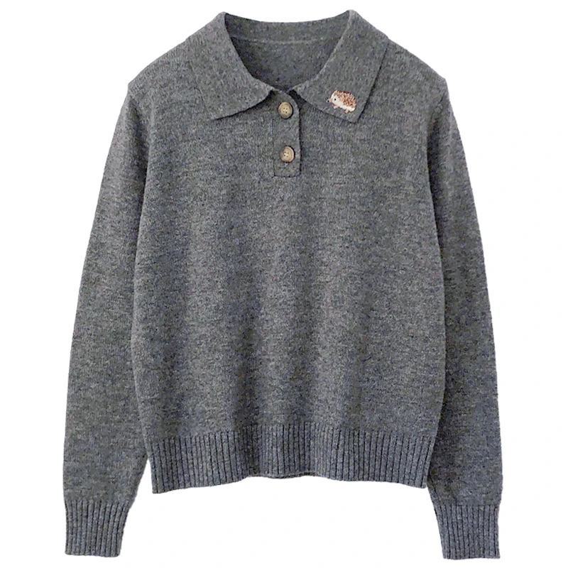 FY-明星同款宽松灰色POLO领软糯慵懒风毛衣