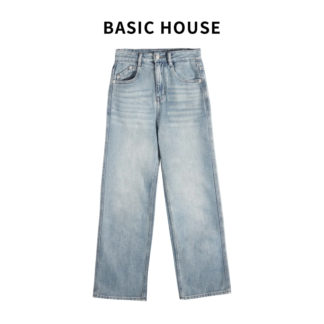 BasicHouse/百家好牛仔裤水洗口袋直筒拖地长裤Z062清仓