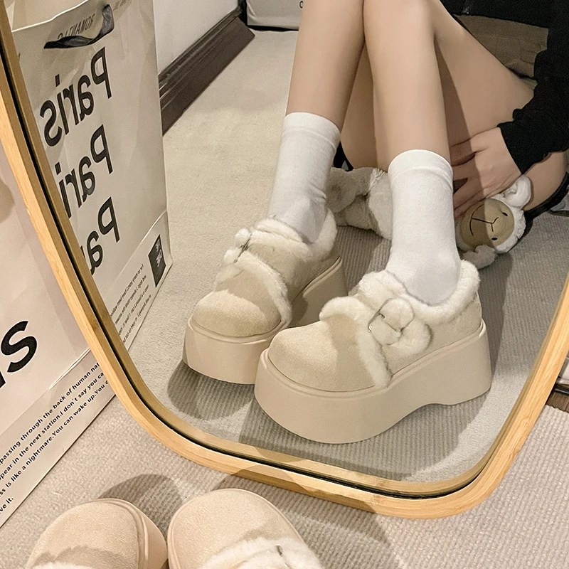 复古网红爆款加绒加厚厚底棉鞋女款2024新款冬季增高保暖毛毛鞋子