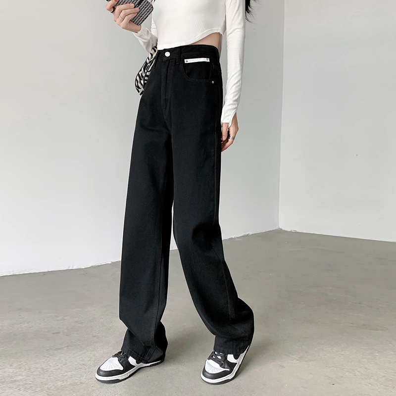黑色牛仔裤女2025年新款秋季高腰直筒宽松显瘦窄版拖地阔腿长裤子
