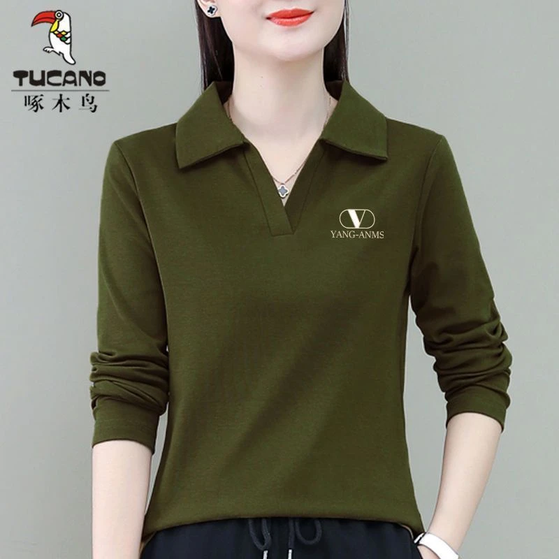 啄木鸟正品春秋时尚洋气中年长袖翻领上衣百搭显瘦韩版休闲t恤女