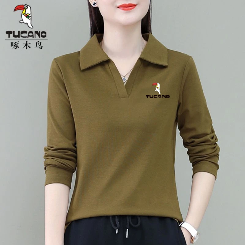 啄木鸟正品长袖翻领上衣2025春秋百搭洋气时尚休闲显瘦高端t恤女