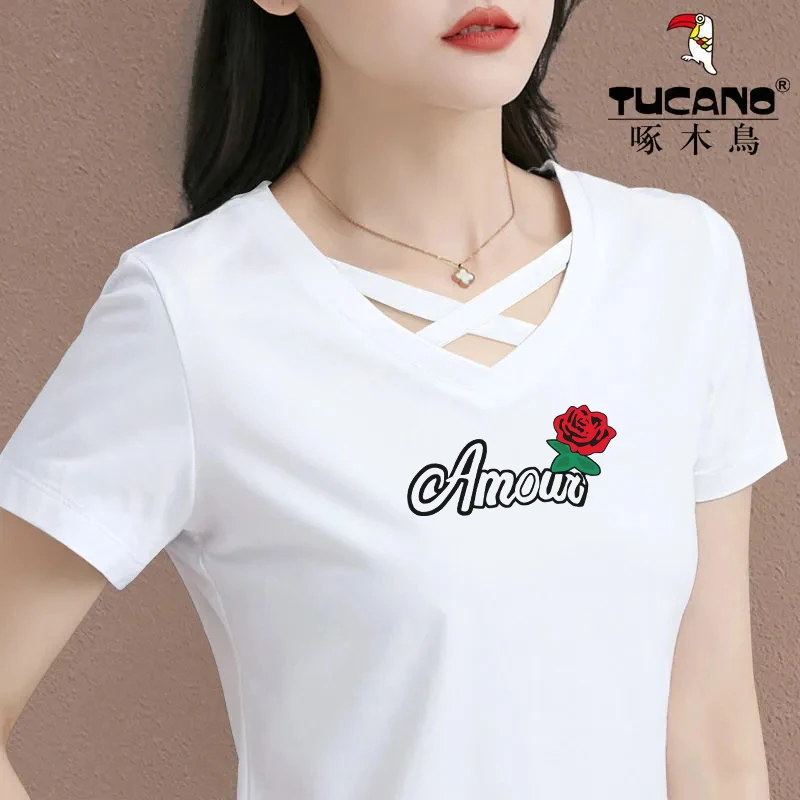 啄木鸟正品纯棉短袖t恤女夏季新款百搭女装洋气小衫v领镂空上衣女