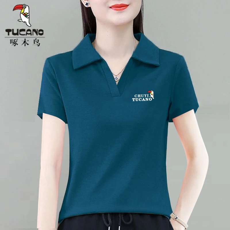 啄木鸟正品洋气短袖t恤女显瘦夏翻领polo衫洋气高档时尚气质上衣