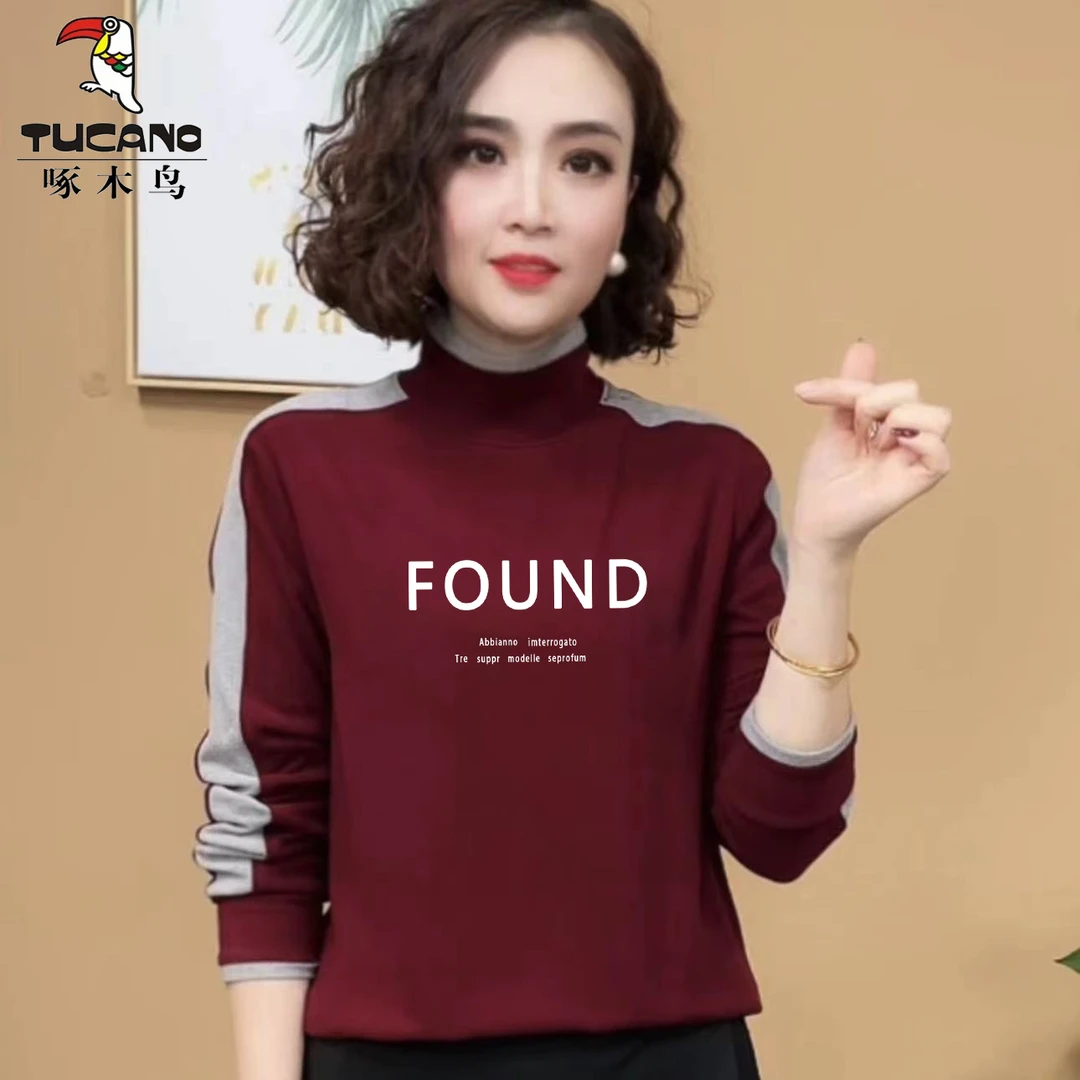 啄木鸟正品秋冬新款气质打底百搭时髦半高领设计妈妈装德绒上衣女