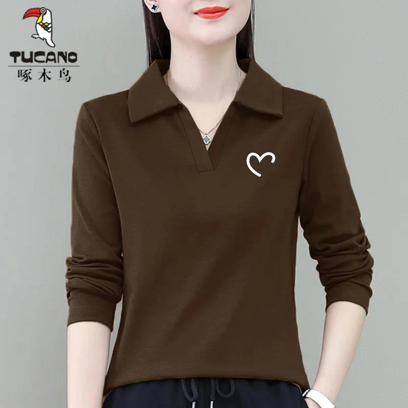 啄木鸟官方正品春秋季韩版长袖翻领t恤女显瘦洋气时尚妈妈装上衣
