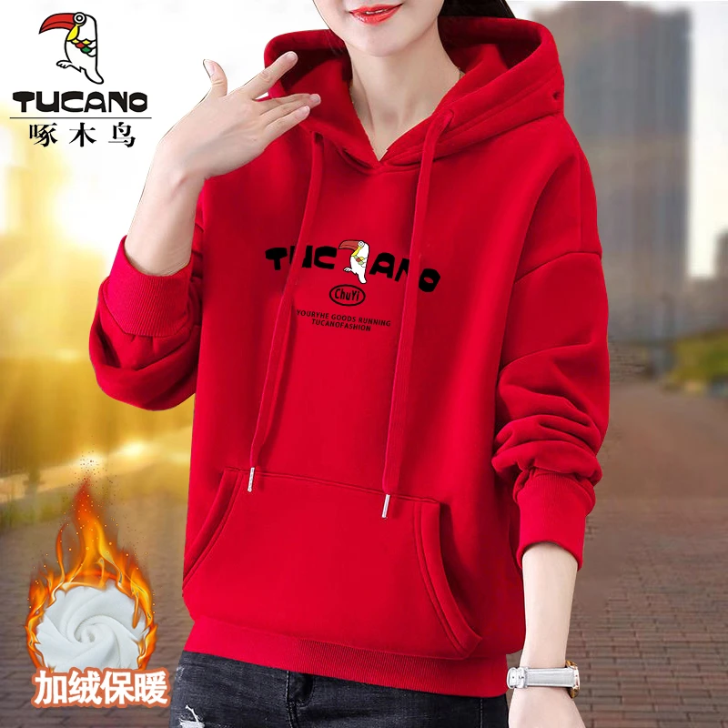 啄木鸟加绒连帽减龄印花长袖加厚冬季保暖卫衣显瘦休闲百搭上衣女