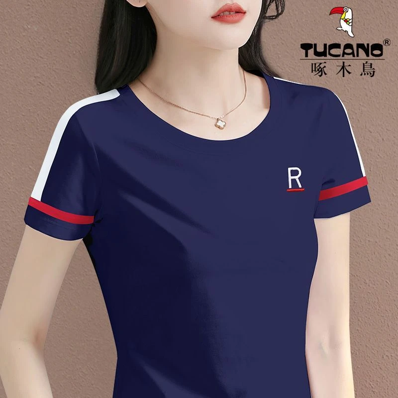 啄木鸟正品2023新款夏季女短袖上衣洋气百搭显瘦印花圆领拼色t恤