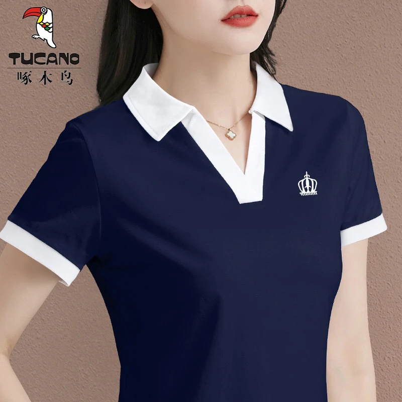 啄木鸟正品2025夏装polo衫休闲修身洋气小衫短袖t恤女装翻领上衣