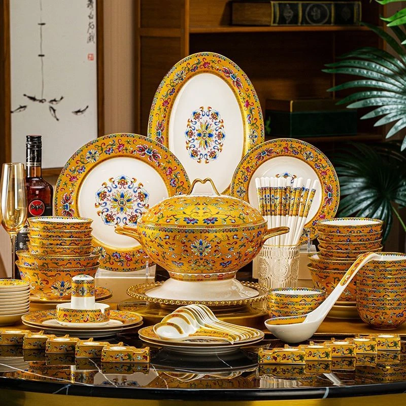 金奢华珐琅彩夫人陶瓷餐具套装家用宫廷风景德镇高档碗碟盘送礼