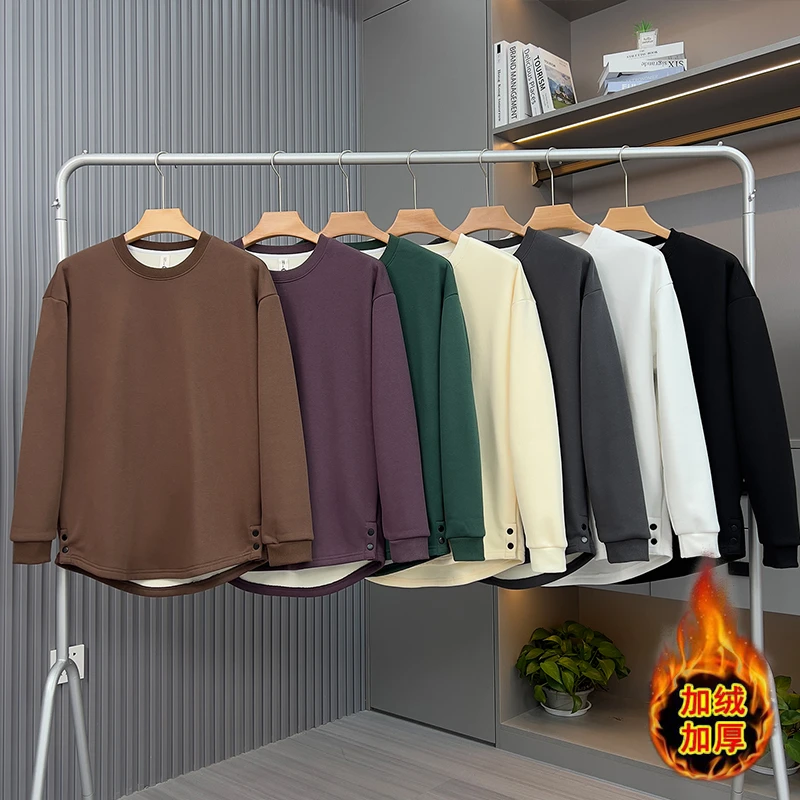 长袖t恤男士加绒加厚圆领重磅白色宽松夏季卫衣潮牌潮流打底衫