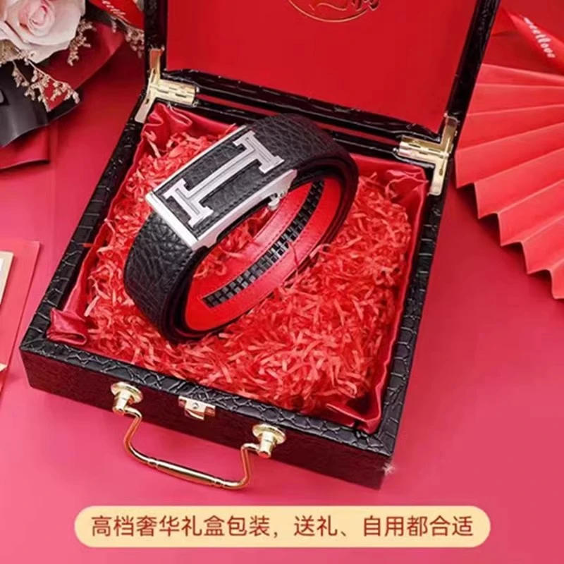 慕芝蕊高档进口牛皮红底个性男士腰带钨钢钢自动扣本命年结婚腰带