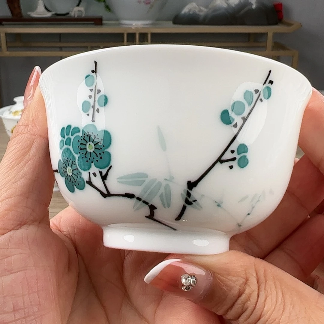 釉下翠竹梅花手绘撇口杯
