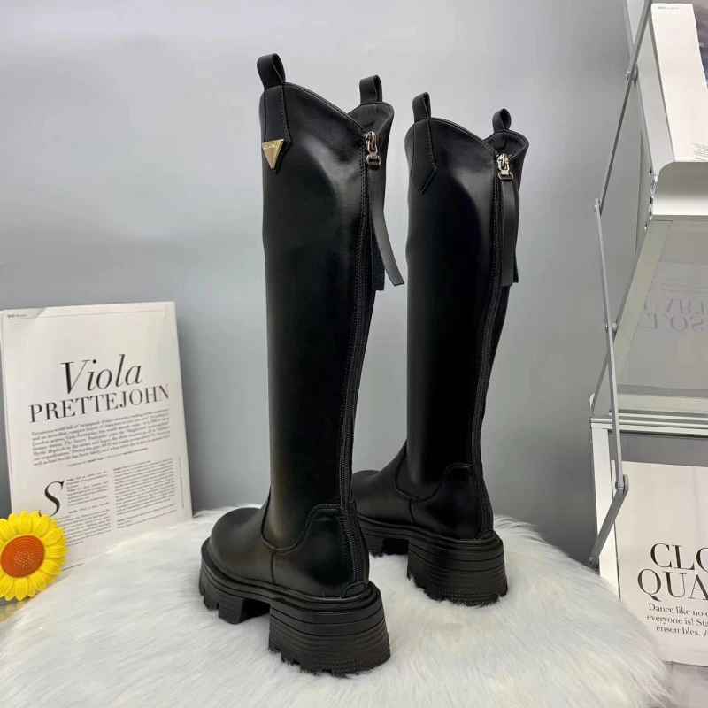 厚底高筒靴真皮长靴秋冬长筒女靴加绒骑士英伦不过膝爆款时尚百搭