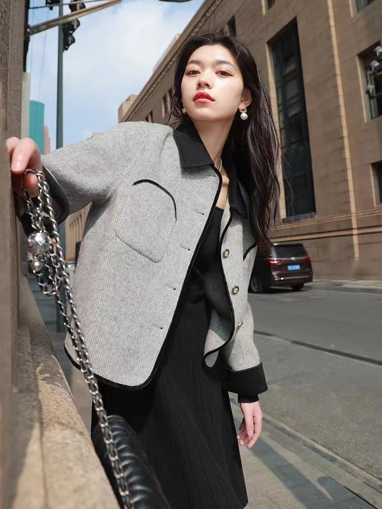 【ManJia專籔】時尚氣質百塔轻奢翻領雙面羊毛小香風外套DFLO03