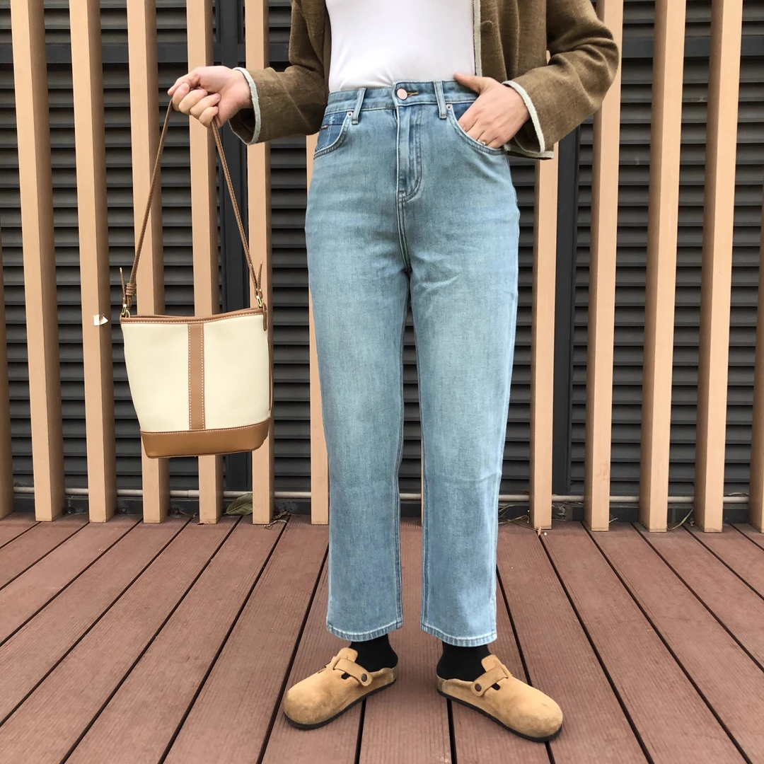 新款春款83259小法棍九分裤高腰撞色直筒裤显瘦开叉休闲时尚牛仔