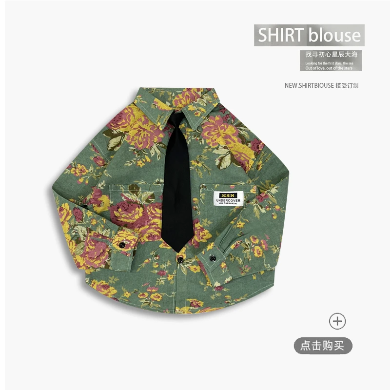 新款春秋长袖棉麻衬衫男童衬衣休闲印花翻领衬衫清新帅气衬衣韩版