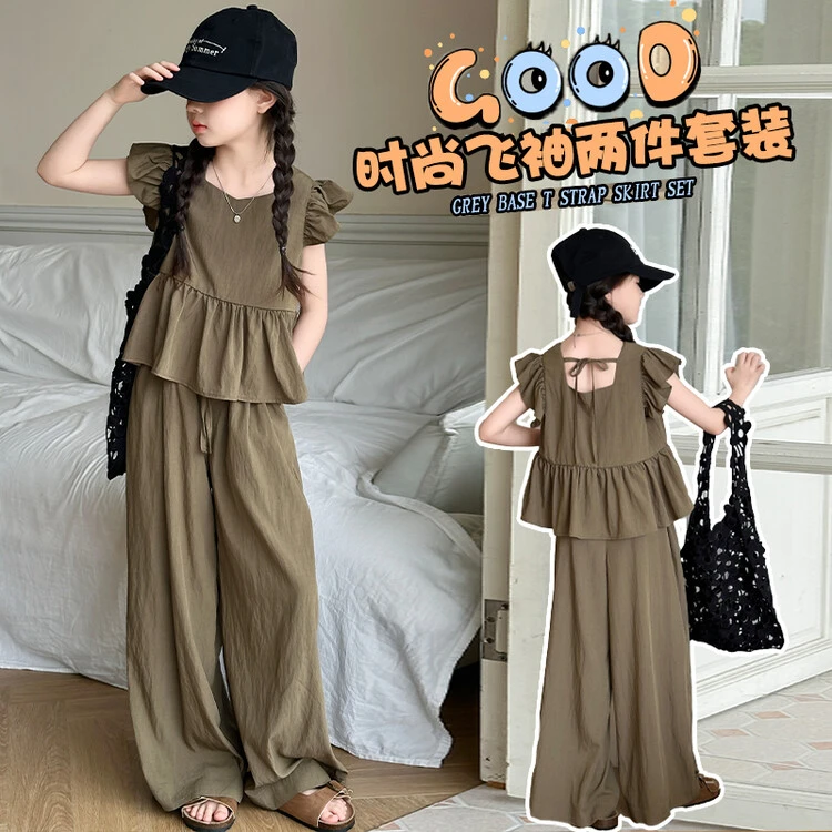 套装韩版夏季纯色女童中大童显瘦气质时尚洋气阔腿宽松无袖复古