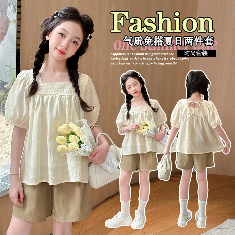 套装韩版夏季女童中大童洋气时尚时髦甜美夏日气质短裤轻薄娃娃衫
